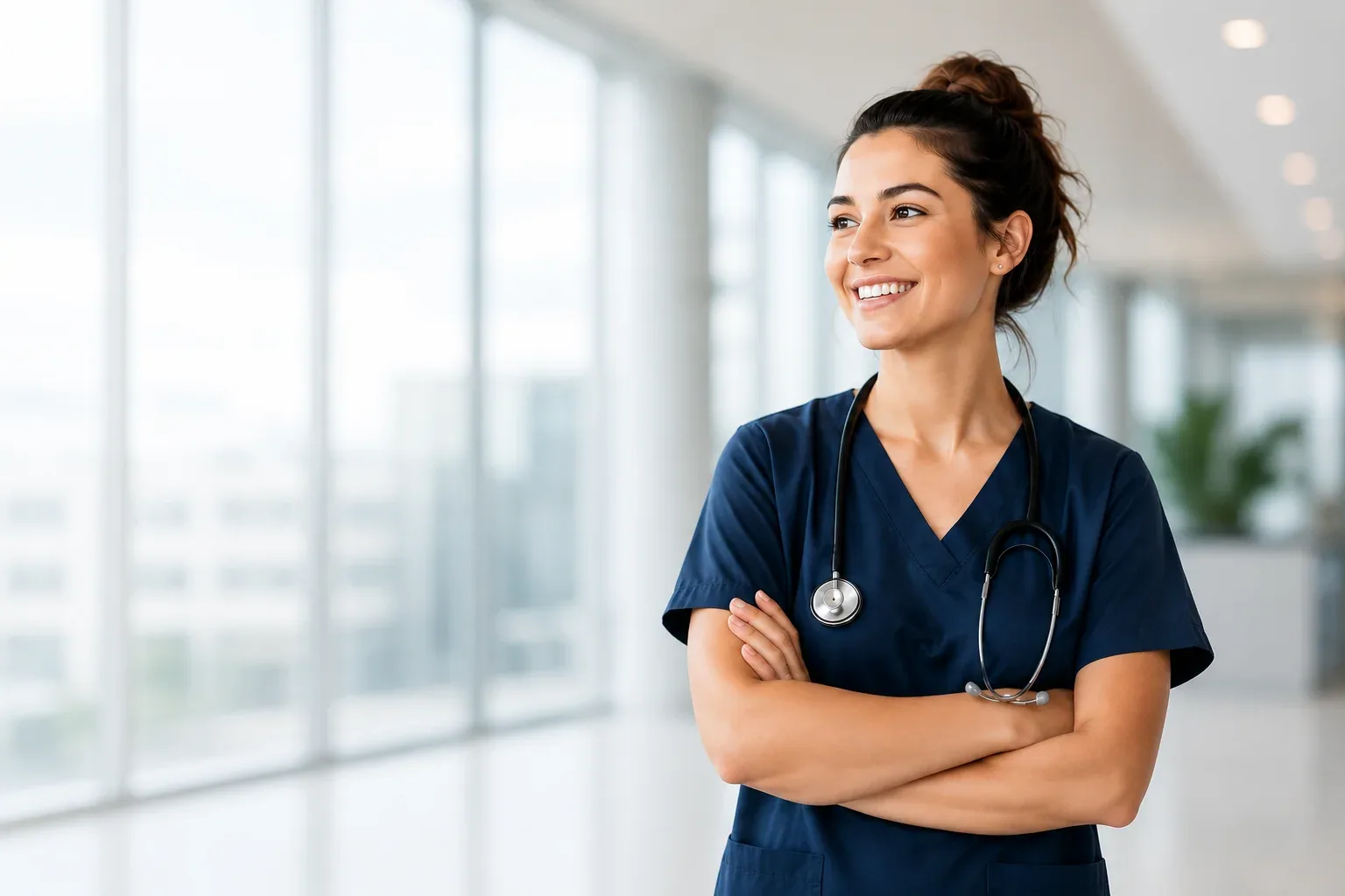 A nurse in navy scrubs standing in a bright hospital corridor