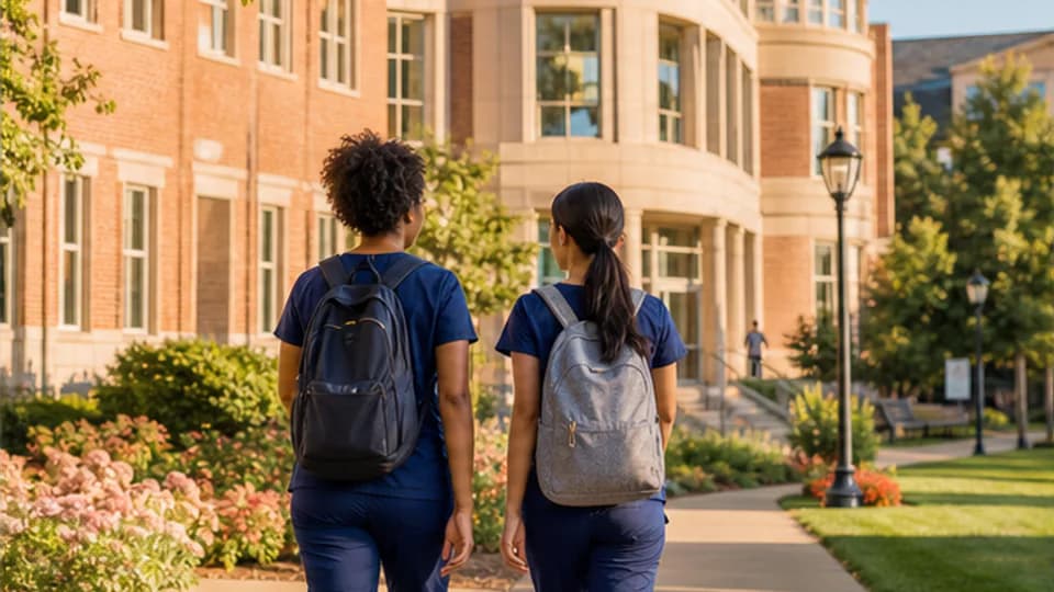 Nursing students walking toward a college health-sciences building