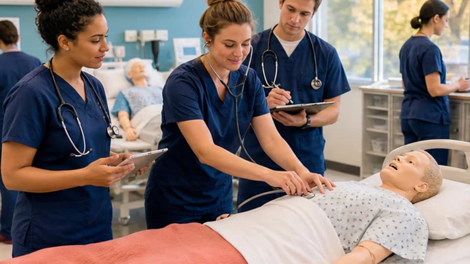 Nursing students practicing patient assessment in a simulation lab